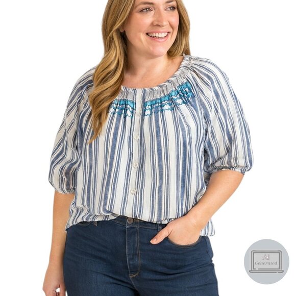 Catherines Womens Embroidered Smocked Peasant Top Blue Stripe Plus Size 0X - Picture 1 of 12